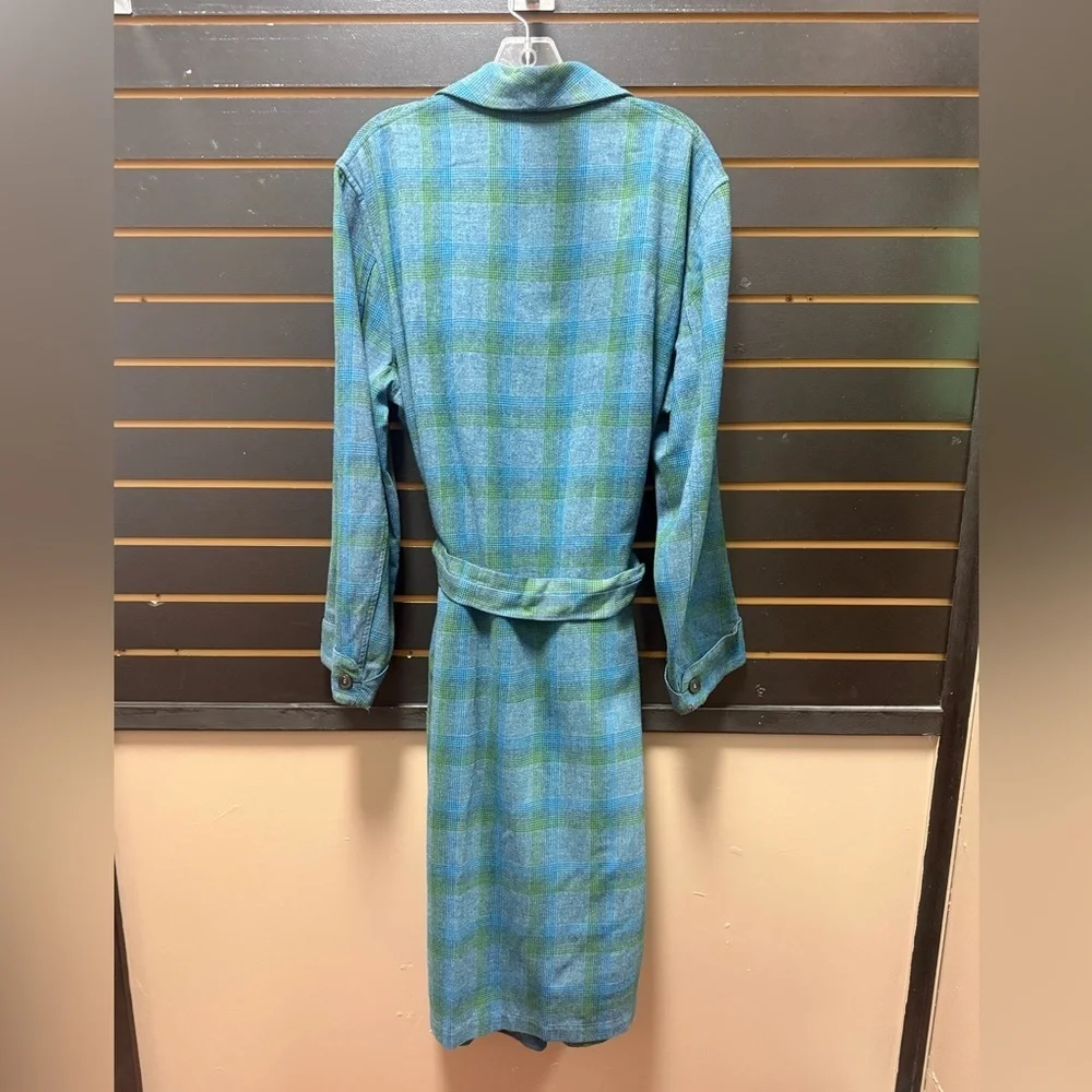 Vintage Pendleton 100% Virgin Wool Plaid Belted Robe Men’s Large Blue Green USA